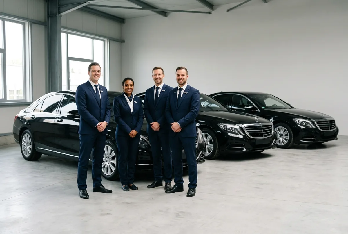 The Heavy Core chauffeur team beside their fleet