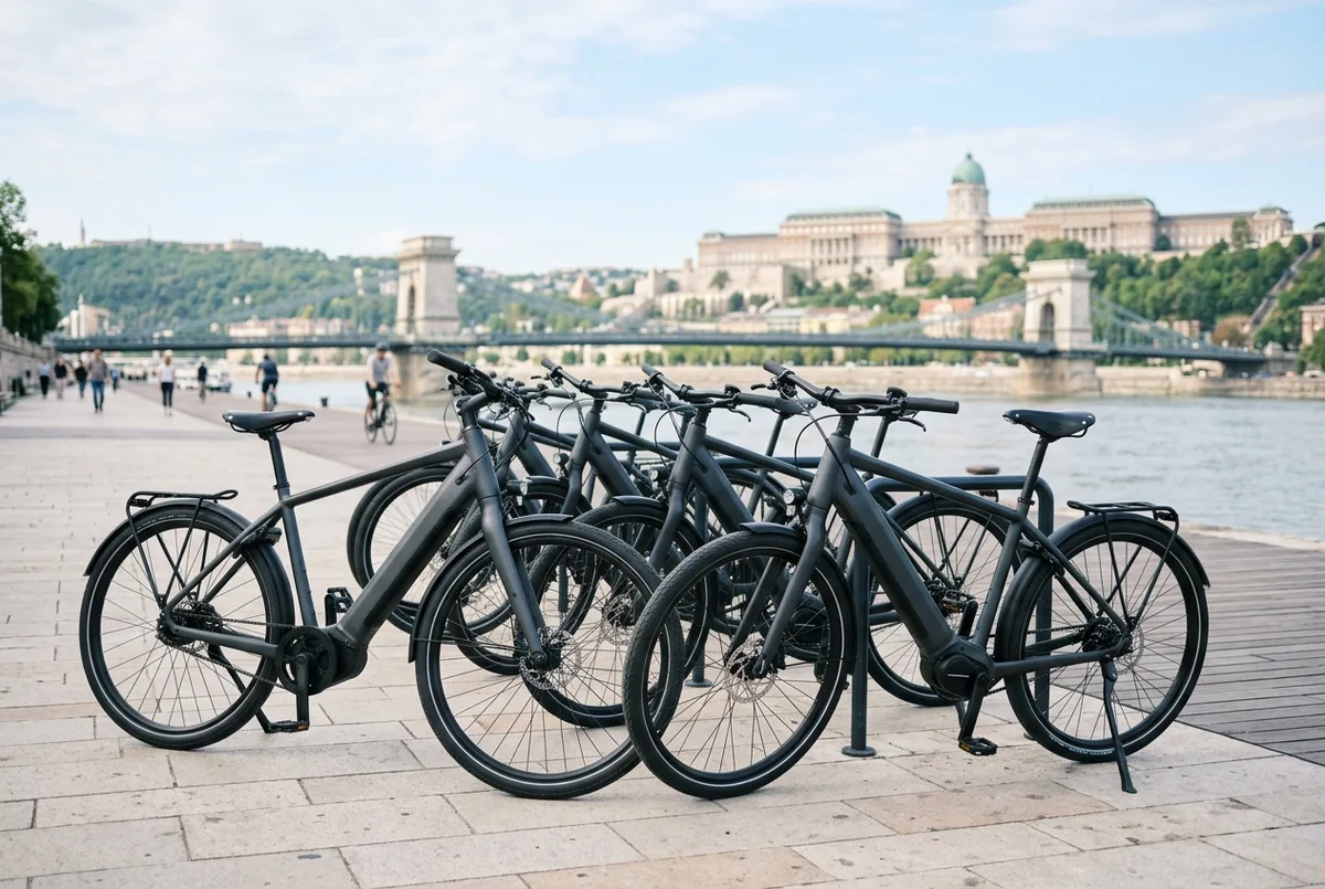 Premium e-bikes on the Danube promenade in Budapest
