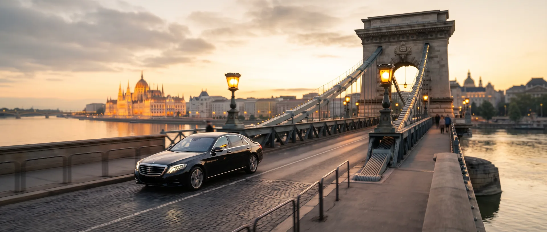 Luxury chauffeured sedan crossing the Chain Bridge in Budapest at dawn