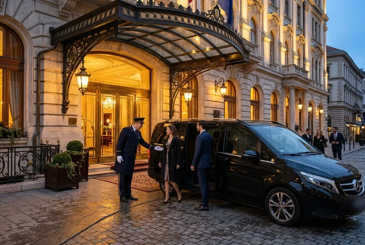 Doorman and premium van at a luxury Budapest hotel entrance