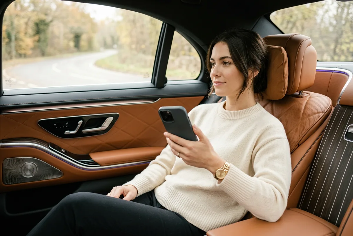 Passenger booking a ride from the back seat of a luxury car