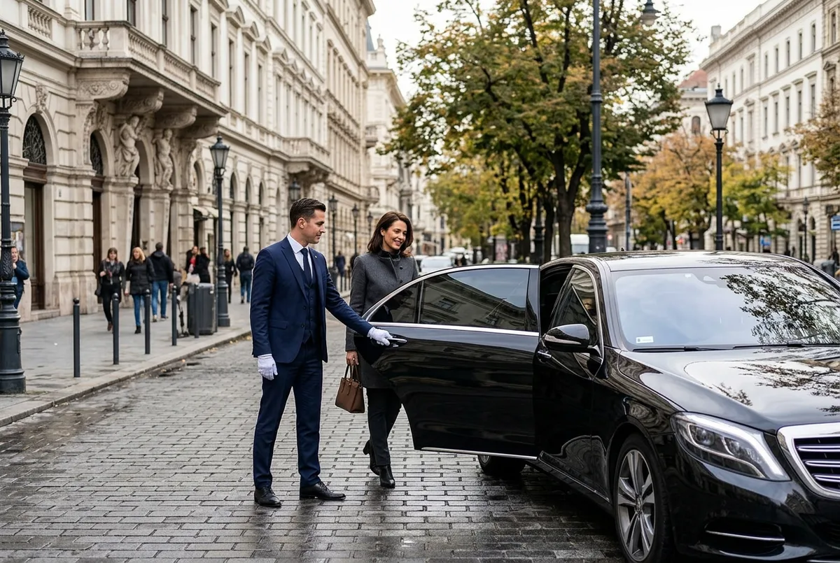 Chauffeur opening the door of a luxury sedan in Budapest
